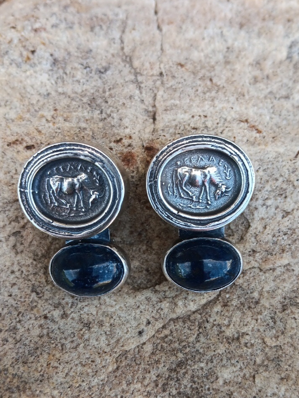 REBECCA COLLINS 925 ANCIENT APIS BULL COIN EARRINGS